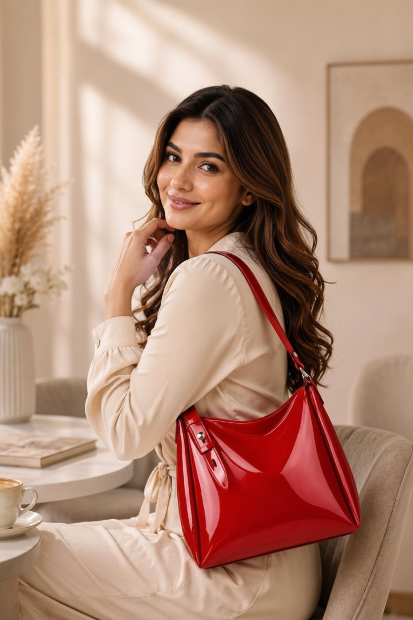 Glossy Cherry Patent Leather Shoulder Bag.