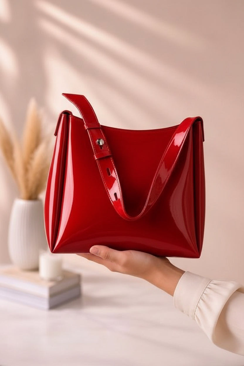 Glossy Cherry Patent Leather Shoulder Bag.
