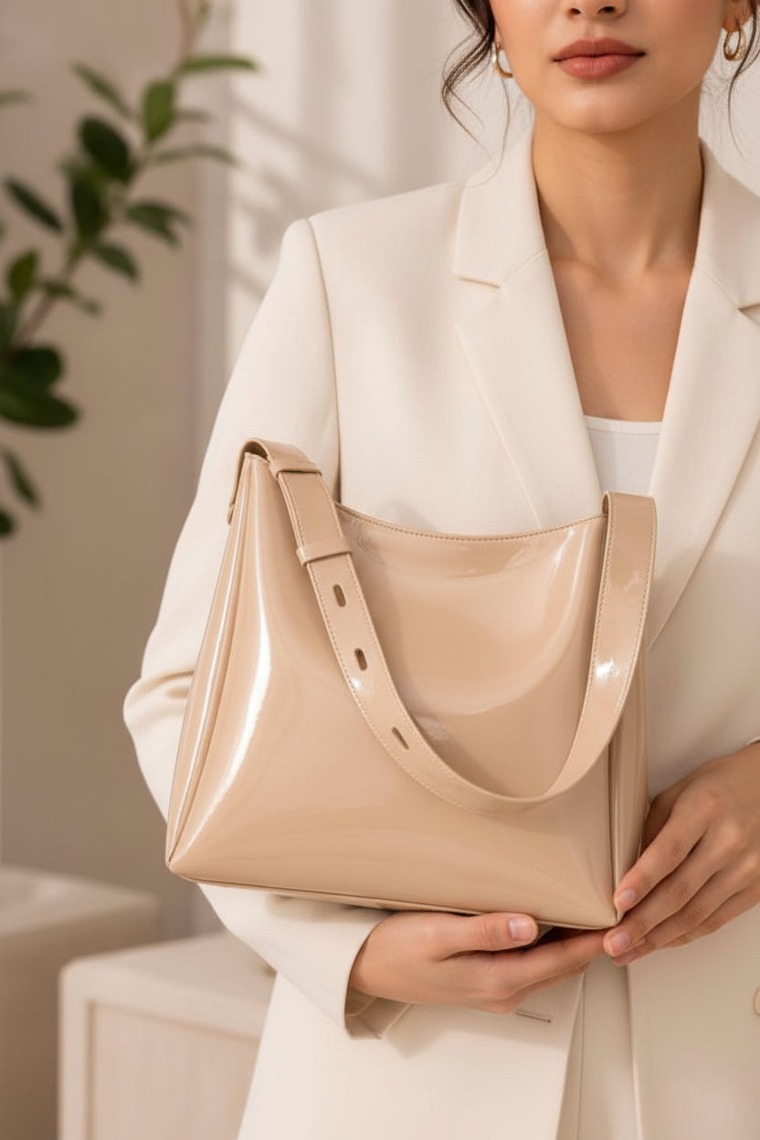 Glossy Cherry Patent Leather Shoulder Bag.