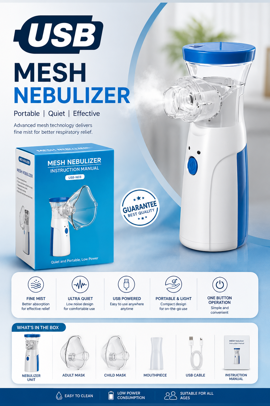 USB Portable Mesh Nebulizer – Quiet, Compact & Low-Power Respiratory Care Device